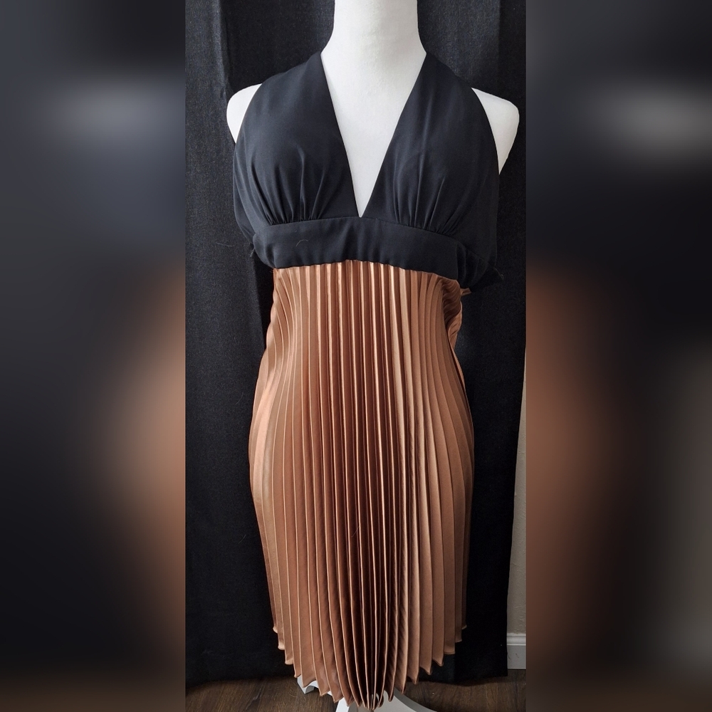 NEW BLACK & COPPPER PLUNGE HALTER KNEE LENGTH COCKTAIL DRESS